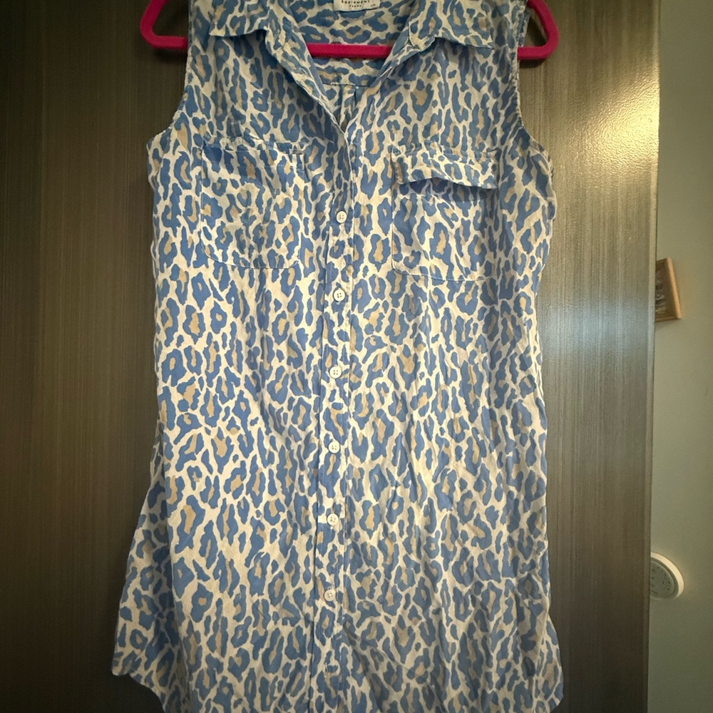 Equipment Silk Blue and White Leopard-Print Sleeveless Button-Down Dress